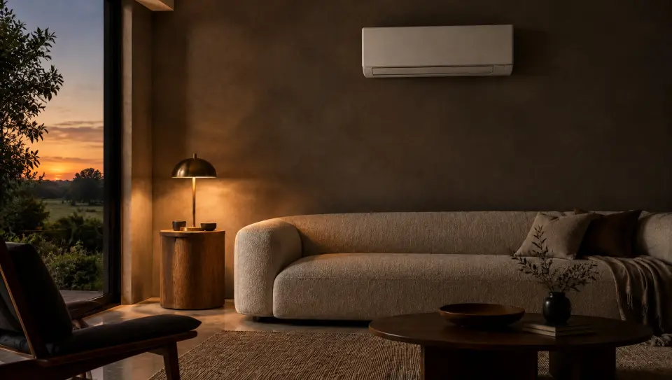 Witte airco boven een zetel in een warme woonkamer
