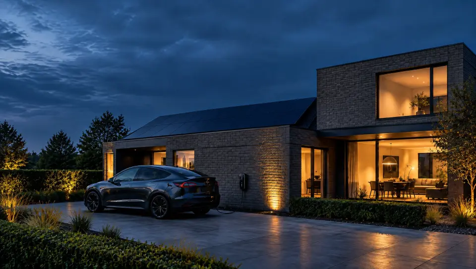 Moderne woning met zonnepanelen en een elektrische auto aan de laadpaal