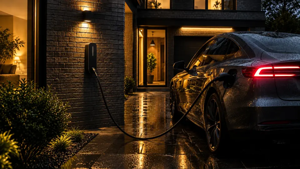 Elektrische auto aan een laadpaal aan de gevel
