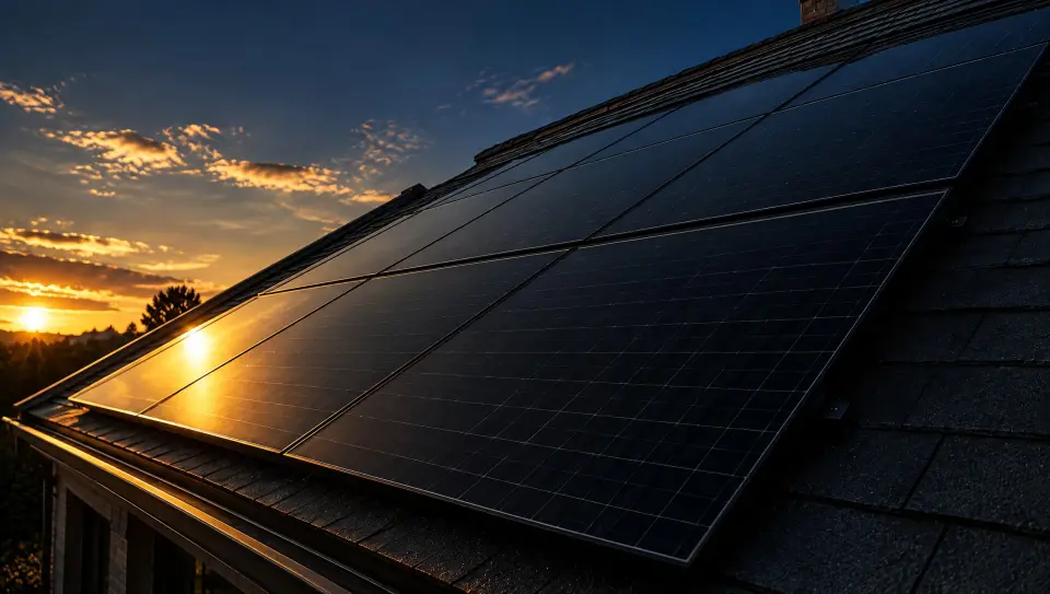 Zwarte zonnepanelen op een dak bij zonsondergang